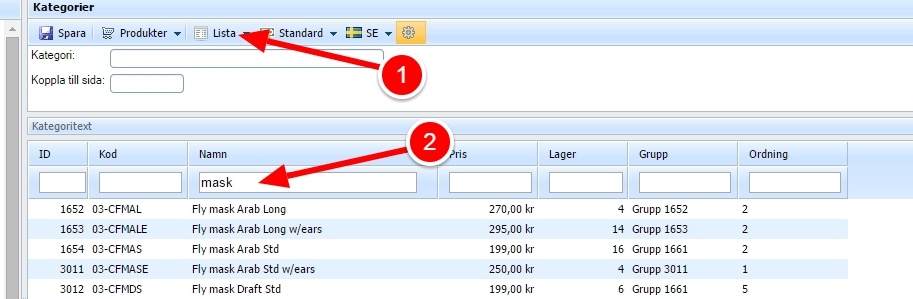 Produkter som lista med filtrering